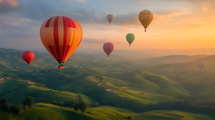 Obraz premium Hot Air Balloons Soaring Over Rolling Green Hills at Sunset