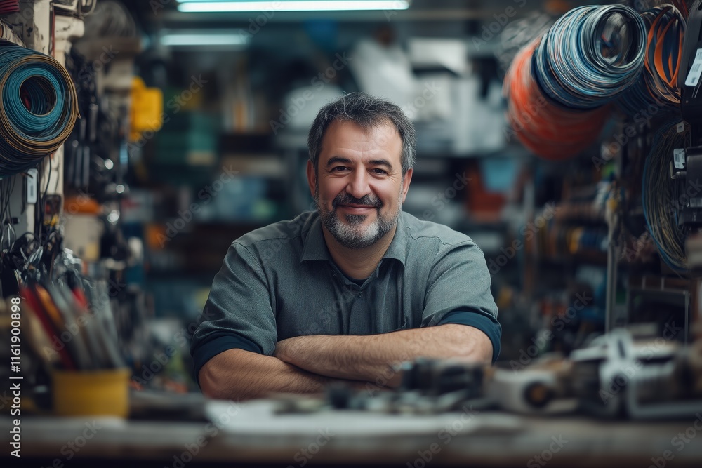 Poster a smiling storekeeper man with a beard sits at a workbench in a workshop filled with tools and equip