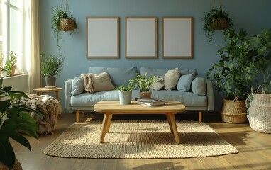 Sunlit living room with blue sofa, plants, wooden coffee table, and three blank frames on a blue wall.