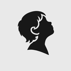 very simple flat and minimalist child head, looking up, silhouettes, black color, white background