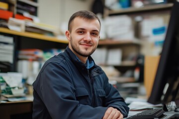 Obraz premium A young storekeeper man with a friendly smile sitting at a desk in an office environment. He is wearing a navy blue jacket and appears to be engaged in his work, with papers.