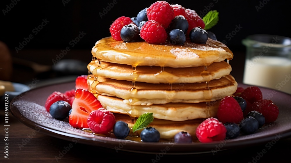Poster a tempting stack of fluffy vegan pancakes drizzled with rich maple syrup and adorned with a colorful
