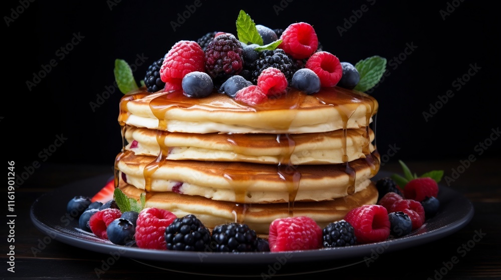 Poster delectable stack of fluffy vegan pancakes drizzled with rich maple syrup and topped with a colorful 