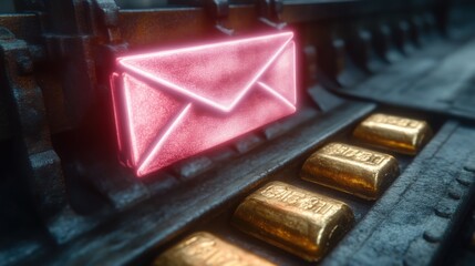 Glowing pink email icon on gold bars conveyor belt.