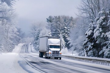 Big rig truck on the road in the winter forest