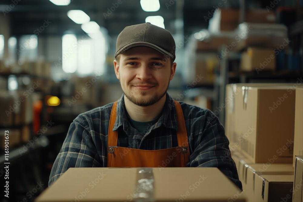 Poster a smiling warehouse packer, picker worker in a cap and apron stands in front of stacked cardboard bo