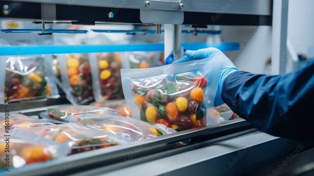 Poster high speed automated production line efficiently packaging frozen fruits into resealable bags for in