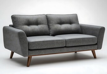 Fototapeta premium Modern gray fabric sofa with wooden legs on white background.
