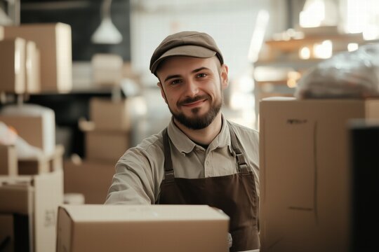 A smiling packer, picker man in a cap and apron stands among cardboard boxes in a warehouse. He appears friendly and approachable, with a warm expression, surrounded by a busy work environment.