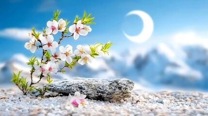 Serene Spring Blossoms  Almond Flowers  Moon  and Rock Serenity