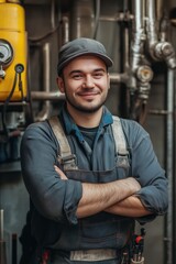 A confident locksmith male technician stands with crossed arms in a workshop, wearing a cap and work overalls. The background features industrial pipes and equipment.