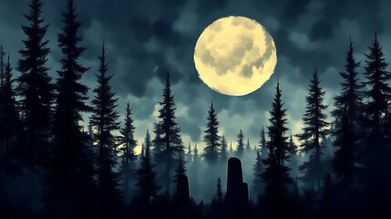 Nighttime Forest Scene Under a Full Moon