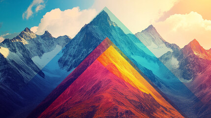Vibrant mountains and colorful geometric shapes blend in an artistic landscape