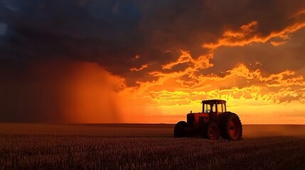 Fototapeta premium Tractor silhouetted against a dramatic sunset and storm.