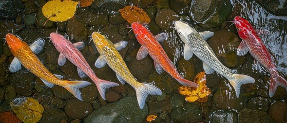 Six colorful Koi fish swim in a pond over smooth stones and fallen leaves.