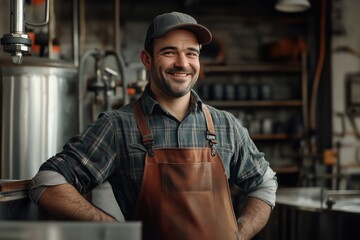 A smiling locksmith man in a plaid shirt and brown apron stands confidently in a brewery. He has a cap on and is surrounded by brewing equipment, showcasing a warm and inviting atmosphere. 
