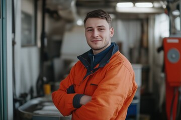 A young locksmith man in an orange work jacket stands confidently with arms crossed, smiling at the camera. The background features a workshop setting with tools and equipment. 