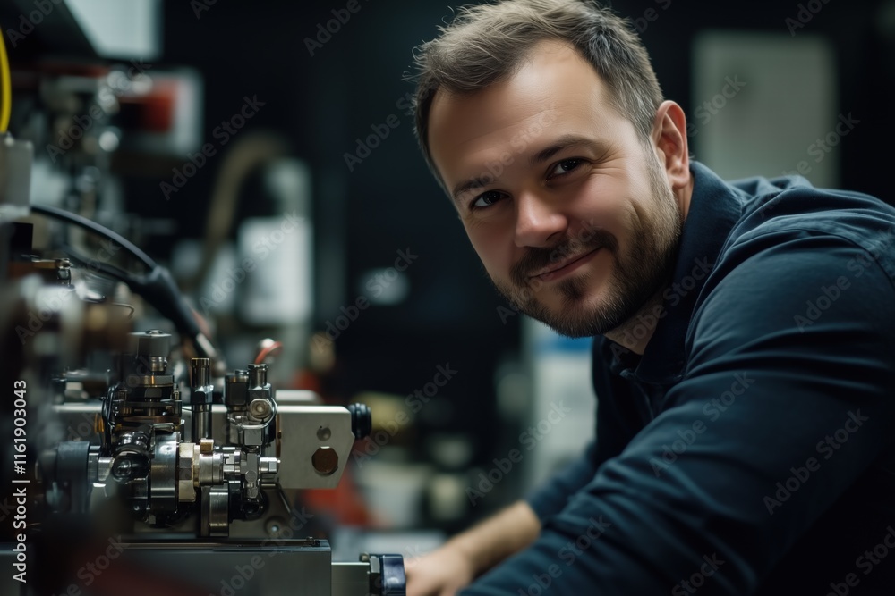 Poster a smiling technician mechanical engineer working on a complex machine in a workshop, showcasing prec