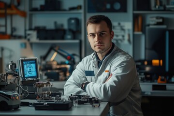 A focused male engineer in a lab coat sits at a workbench filled with electronic components and devices. He looks directly at the camera, with a tablet displaying technical data in front of him.