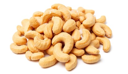 A handful of whole cashew nuts, isolated on a white background, showcasing a popular snack