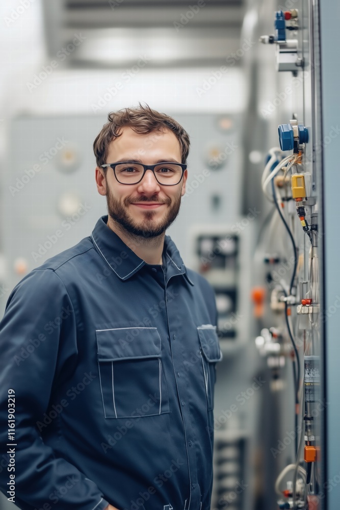 Poster a smiling technician service engineer in a blue work uniform stands in a control room filled with ma