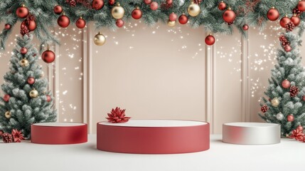 A white pedestal with a red base and a red and gold tree in the background