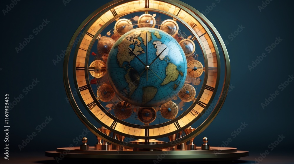 Poster conceptual design showcasing the representation of global time zones on a rotating spherical planet