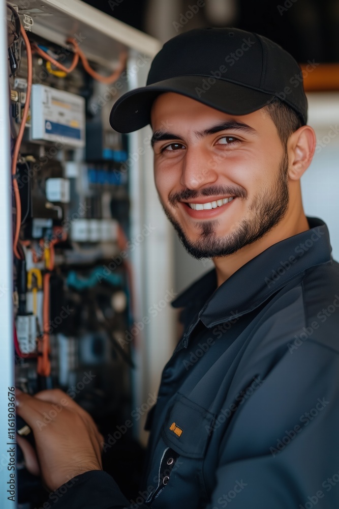 Poster a smiling electrician technician working on electrical equipment, wearing a cap and a work uniform. 