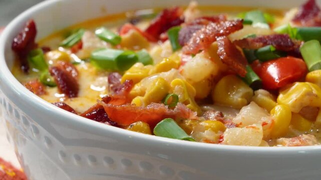 Cooking tuna casserole for a week night meal. Pasta dish with tuna, peas, pasta in a cream sauce with lots of cheese. Sizzling bacon in a skillet.