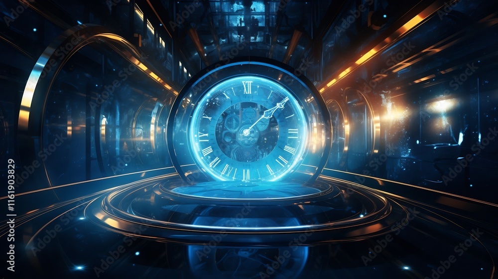 Poster futuristic conceptual depicting time travel through a glowing blue vortex or wormhole with abstract 