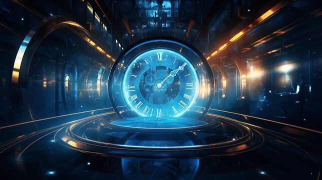 Futuristic conceptual depicting time travel through a glowing blue vortex or wormhole with abstract clocks and quantum physics elements symbolizing the mysteries of the space time continuum