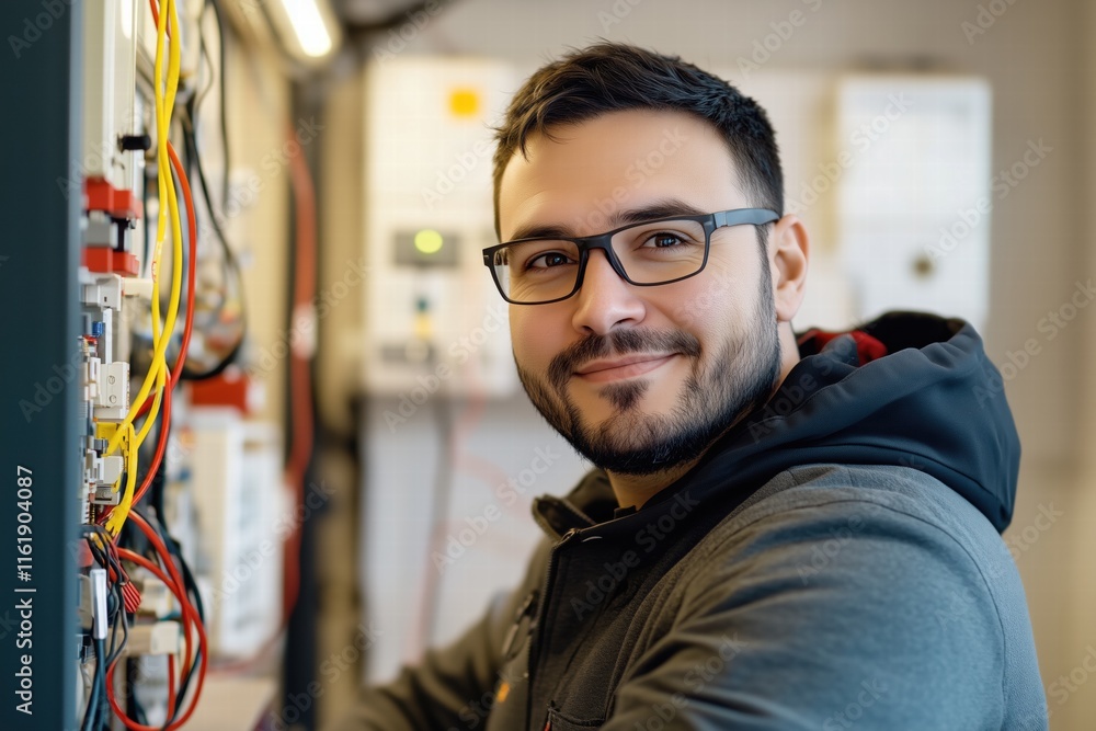 Poster a smiling technician electrical engineer working on electrical equipment, surrounded by wires and co