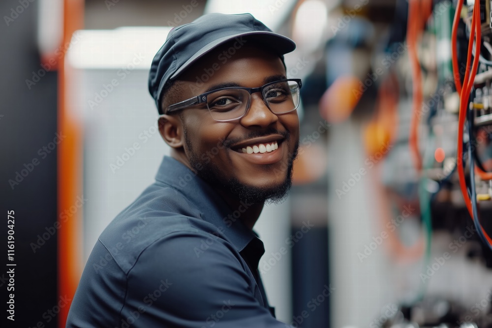 Poster a smiling electrical engineer technician wearing glasses and a cap, working on electrical equipment 