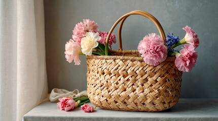 Charming Straw Bag with Seasonal Hyacinth and Carnation Flowers for Fashionable Accessories and Spring Style