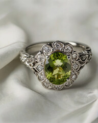 A beautiful wedding ring featuring a central green peridot