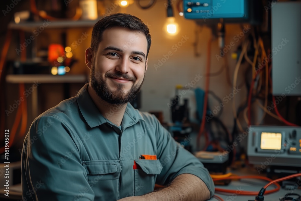 Poster a smiling technician electrical engineer in a workshop, wearing a gray uniform. he is sitting at a w