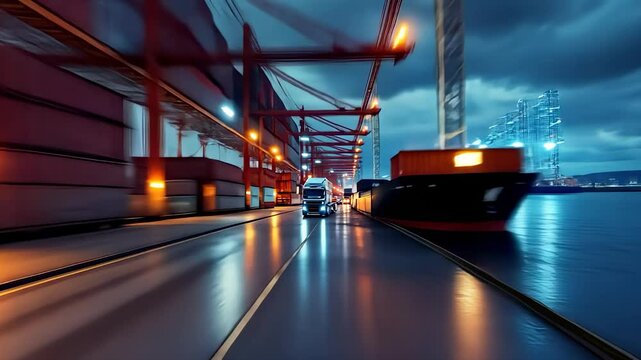 A cargo terminal at night with industrial cranes and vehicles under glowing lights