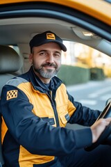 A smiling male taxi driver in a yellow and black uniform sits in a vehicle, looking at the camera....