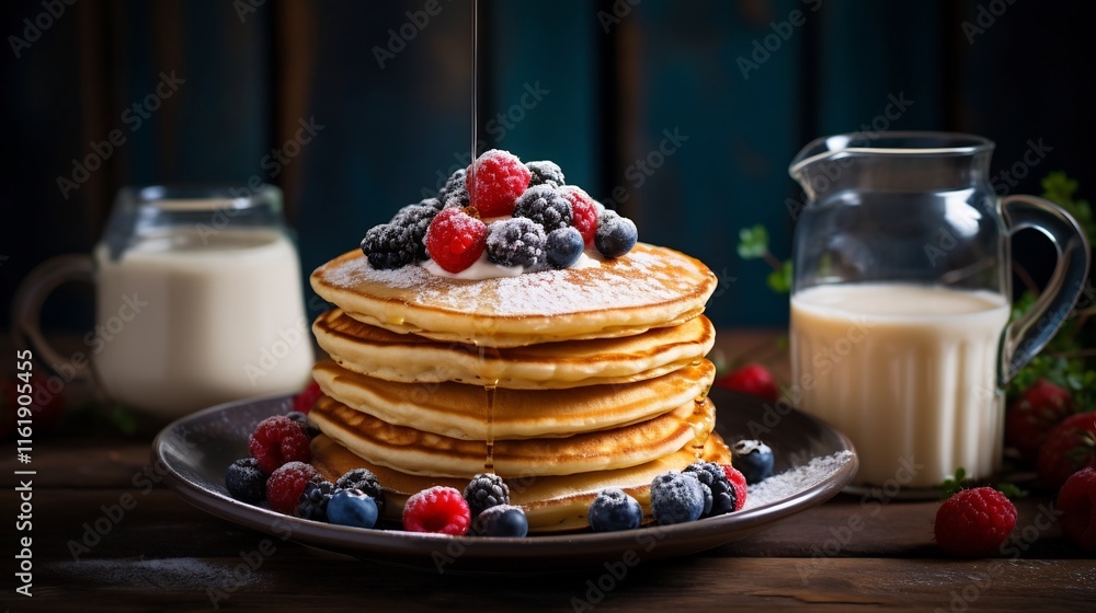 Poster delightful stack of golden pancakes topped with an array of fresh berries accompanied by a glass of 