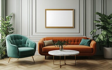 Elegant living room interior with orange sofa, teal armchair, gold frame, and plants.