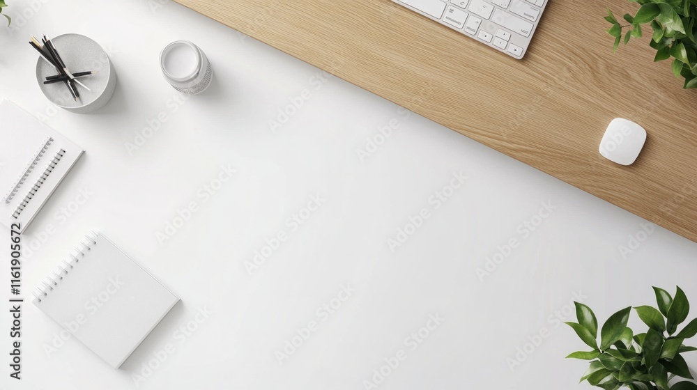 Poster a white desk with a keyboard and a mouse