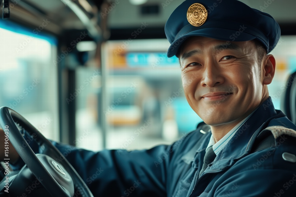 Poster a smiling bus driver in uniform, seated at the driver's seat of a bus. the background shows a bus st