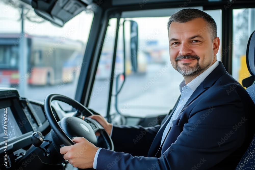 Poster a confident bus driver in a suit smiles while sitting at the steering wheel of a bus. the background