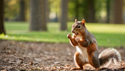 Obraz premium portrait of a squirrel in the road raised squirrel fist to fight squirrel on the ground
