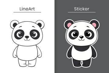 Cute cartoon baby panda vector outline and sticker flat illustration