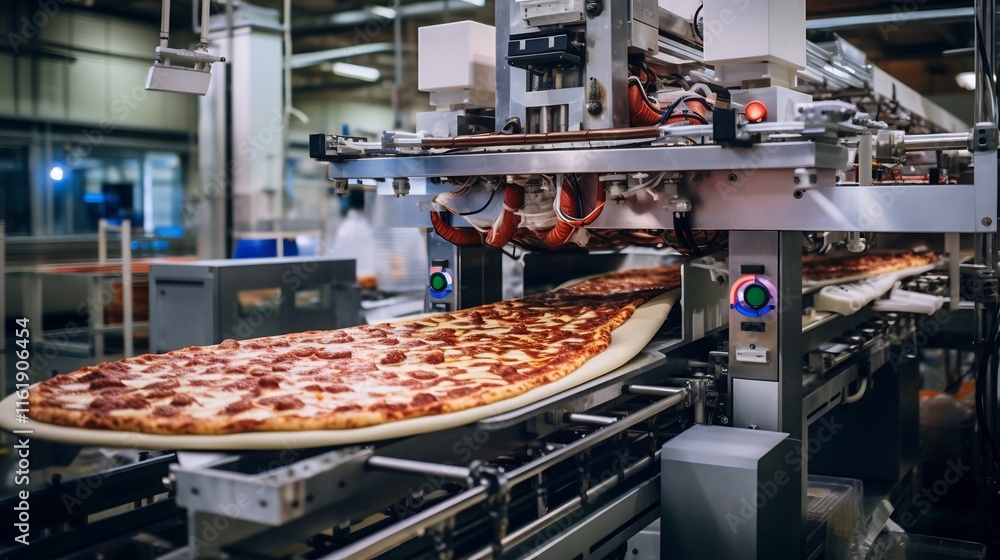 Aufkleber automated packaging line for frozen pizzas with toppings being added by machines in an efficient ind