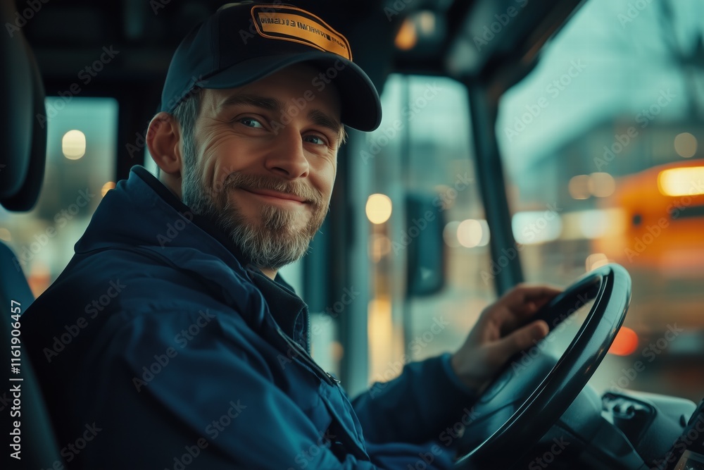 Poster a smiling bus driver in a blue uniform and cap, seated at the driver's seat of a bus. the background