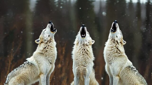 Three wolves howling in the snow during a snowfall, creating a serene winter scene.