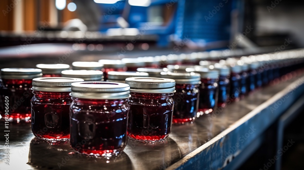 Poster automated assembly line with workers filling glass jars with sweet homemade jam on a conveyor belt i