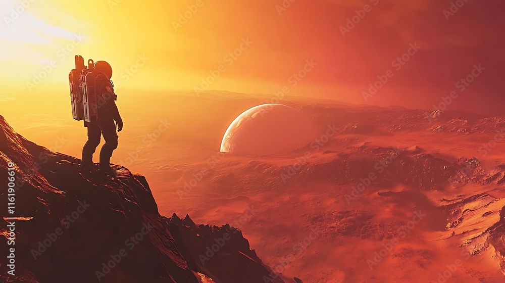 Poster astronaut on red planet contemplates distant orb
